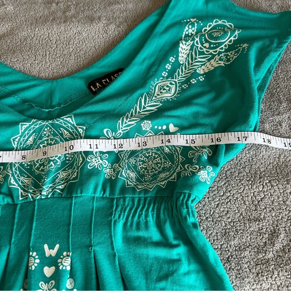 La Class Deep V Neck,Teal Boho, Floral, Flowy, Sleeveless Dress with White Print - Picture 5 of 6